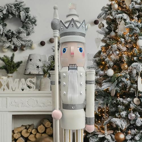 CDL Grande e gigante bianco glitterato natalizio su supporto, 180 cm, con scettro bianco, per interni ed esterni, decorazione natalizia/evento/matrimonio (1,8 m, king bianco K30)