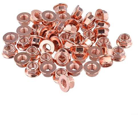 Floweringbeter 50 Stück Muttern, Auspuff gezahnte Spin Hex Kontermutter M8 x 1 25 Hex Kupfer selbstsicherndes Ersatzset, 10 mm Schraubenschlüssel Größe M8 x 1,25 Kupfer Auspuffkrümmermutter