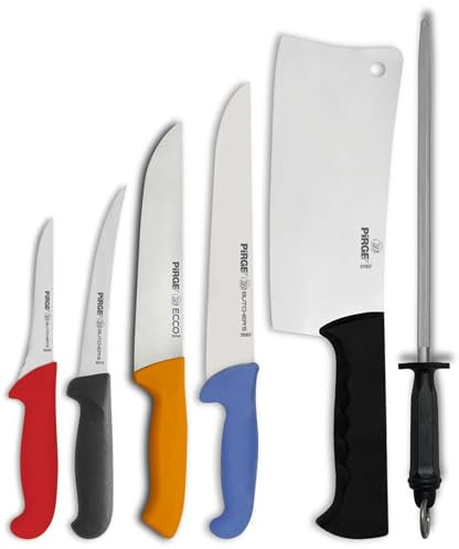 Pirge Metzgermesser Set 6 TLG Schlachtermesser - Fleischermesser - Hackmesser - Exzellenter Schärfe Ausbeinmesser - Wetzstahl - Edelstahl Profi Küchenmesser - Ergonomisches Kunststoff Griffdesign