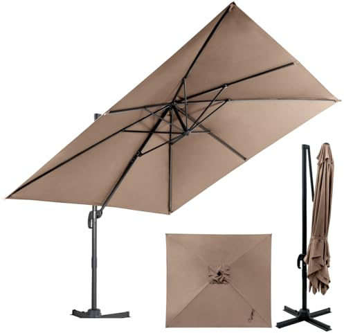 SFAREST 3M Cantilever Parasol, 3 Positions Adjustable Sun Shade Parasol with Crank Handle, Cross Base & 360°Rotation, Outdoor Heavy Duty Overhanging Umbrella for Backyard Poolside Lawn (Coffee)