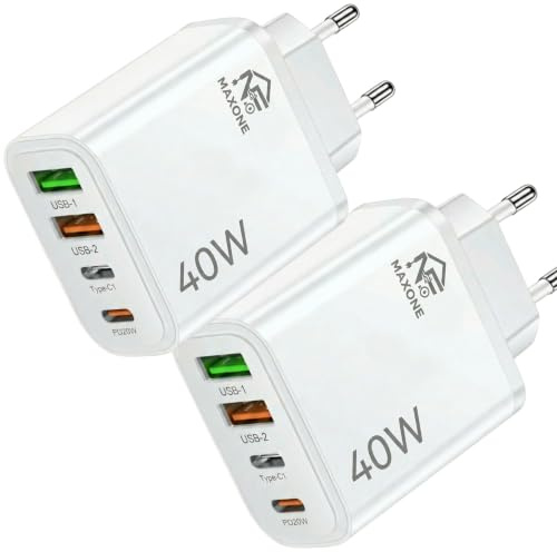 Pack 2 Cargador USB - Carga Rápida Múltiple 4 Puertos - Enchufe Multiple USB C 40 W - Adaptador USB C Compatible de Samsung, iPhone - iPad, Huawei, Google, Carga Rapida, Portátil 40W