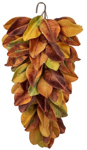 Briful 27 Autumn Leaves Magnolia Teardrop Swag - Artificial Magnolia Leaf Garland Hanging Décor - Fake Hanging Plants for Front Door, Mantel, Stairway for Thanksgiving Autumn Decorations