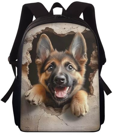 Showudesigns German Shepherd Dog Backpack for Kids Boys Primary School Bag Student Bookbag with Side Pocket Cute 15inch Laptop Backpacks Travel Shoulder Bags