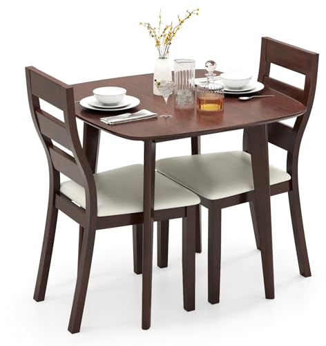 Giantex 3-Piece Dining Table Set for 2, Wooden Square Kitchen Table and 2 Chairs with Padded Seat, Ladder Back, Space-Saving Dinette Set for Small Spaces, Living Room, Dining Room