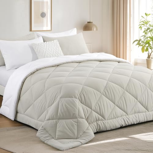 RUIKASI Coverless Duvet Double 10.5 Tog - Reversible Comforter with 2 Pillowcases, 200x200cm Quilt Lightweight and Warm All Season, Beige and White