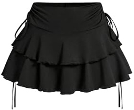 GORGLITTER Women's Tiered Ruffle Mini Skirts A Line Layer Hem Drawstring Short Cake Skirt Black Large