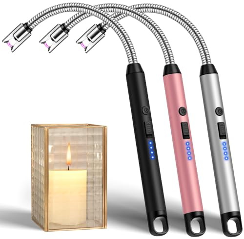 LcFun Stabfeuerzeug, Lichtbogen Feuerzeug Elektrisch mit Längerer Hals, USB Aufladbar Plasma Feuerzeug Kerzenanzünder für Küche, Kamin, Feuerwerk (Schwarz+Silber+Rosa)