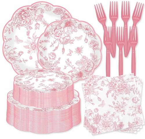 250 Pcs Pink Floral Plates and Napkins, 50 Guests Pink and White Scalloped Disposable Tableware Set Vintage Paper Plates Napkins for Wedding Bridal Shower Tea Garden Party Supplies