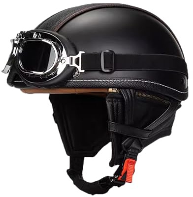 VVPEC Vintage Motorradhelm Open Face Leder-Helm Motorrad Roller Helm Mit Brille Jethelm Straßenhelm Für Damen Und Herren ECEDOT Zertifizierung Halbschalenhelm(9,L=59~60cm)