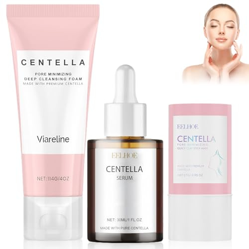 3 piezas de set de tratamiento facial de Centella Asiática con limpiador facial 114g + Máscara de arcilla 27g + Suero 30ml de cuidado de la piel coreana Limpia la piel y los poros, calma las