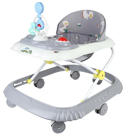 Skalierbarer Baby-Stufenläufer mit Spieluhr und Lichtern, Lauflernhilfe für Babys, 4-in-1, Grau mit Schieberfunktion, Sitzkissen, waschbar, für Kinder von 6 bis 18 Monaten bis 12 kg, 67 x 72 x 92 cm