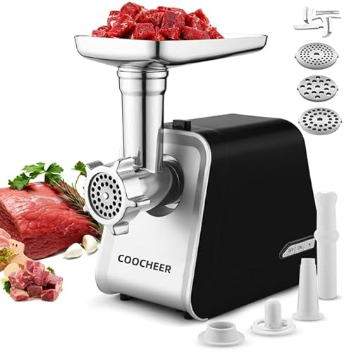 COOCHEER Tritacarne Elettrico 2000W Multifunzione 5in1 - Insaccatrice Salsicce, Accessorio Biscotti Kebbe, 3 Dischi Acciaio Inox, Macchina Carne Professionale per Casa