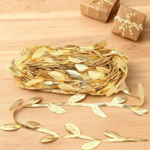 Tarqite 10M Streifen Geschenkband Gold, Goldenes Blätter Band, Luftschlangen Gold mit Blatt Deko, Girlande Pflanzen Bänder, Künstliches Goldfolienband für DIY, Geschenk, Party, Hochzeit, Weihnachten