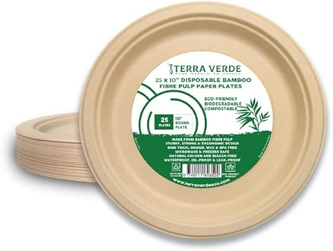 Terra Verde 25-Pack Disposable Bamboo Fibre Plates - 10 Inch| Round, Unbleached Natural Brown | Eco-Friendly, Compostable & Extra Strong | Ideal for Hot & Cold Food, BBQs, Parties, Events & Picnics