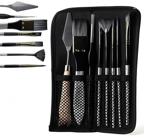 Kit 7 di Pennelli per Dipingere Professionali con Custodia – Set Pennelli per Acrilico, Olio, Acquerello e Tempera – Setole Morbide e Resistenti, Spatole Artistiche incluse, Custodia Impermeabile