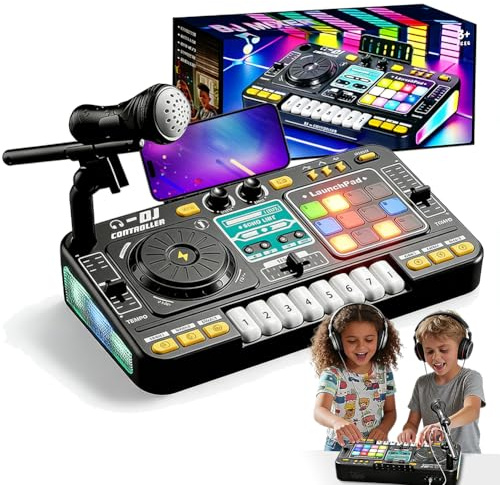 DJ Mesa de mezclas para niños de 3 a 10 años – DJ Pult Juguetes con Micrófono, Luz LED, 100+ efectos de sonido, teclas de piano, Scratch & Grabación, Controlador de DJ Juguetes musicales para niños y
