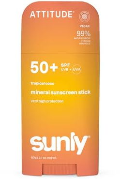 ATTITUDE Mineral Sunscreen Stick SPF 50, Broad Spectrum Zinc Oxide, EWG Verified, Non-Nano, Mess-Free Stick for Face & Body, Lightweight Non-Greasy, Vegan, Tropical Coco Scent, 60 grams