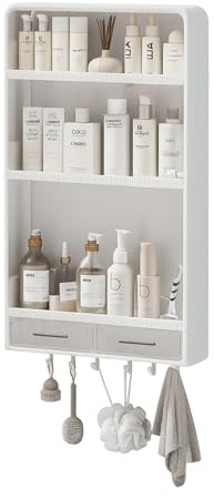 sugodesign Badregal ohne Bohren – Wandregal Badezimmer & Küche mit 3 Ebenen, Schubladen und Haken – Selbstklebendes Duschregal Wand Organizer für Kosmetik, Shampoo, Gewürze und Küchenzubehör