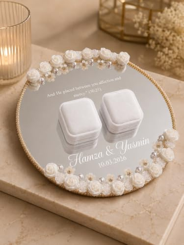 Personalised White Floral Nikah Ring Plate 25cm | Handmade Islamic Wedding Ring Tray with Velvet Ring Boxes | Custom Names & Wedding Date | Muslim Wedding Decor