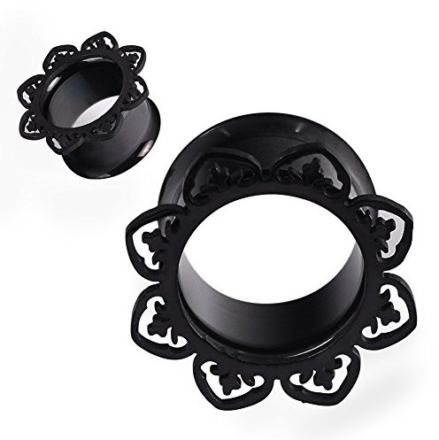 Longbeuaty 2 PC Edelstahl Hollow Flesh Tunnel Plugs Schwarz 8mm Blume