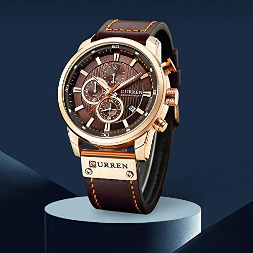 CURREN Orologi Militari da Uomo con Cinturino in Pelle Cronografo Impermeabile Sportivo da Polso con Data Orologio da Polso al Quarzo Regali, Marrone dorato.