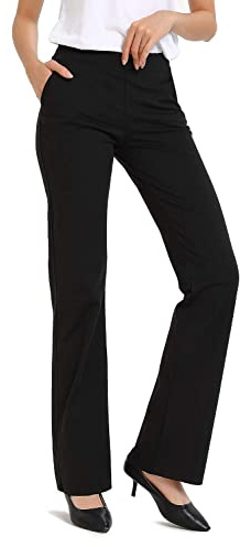 Safort Kostymbyxor med bootcut, 79 cm (31 tum), 86 cm (34 tum), höga utsvängda finbyxor för yoga, långbyxor för arbete, lediga, stretchiga affärsbyxor med fickor, Svart, XL
