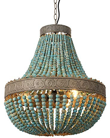 Newrays Holzperle Kronleuchter Anhänger Drei Lichter Grau Weiß Finishing Retro Vintage Antique Rustikale Küche Deckenleuchte Leuchten (Blue2#)