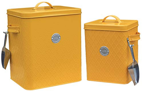 Muddy Hands Set of 2 Mustard Tin with Lid & Scoop - Storage Container for Wild Bird Seed Pet Dog Cat Animal Food