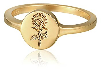 YeGieonr Sunflower Ring for Women Gold, 925 Sterling Silver Flower Ring Non Tarnish, 14K Gold Plated Engraved Floral Signet Ring Waterproof, Unique Solid Gold Statement Ring