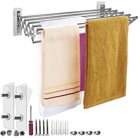 GXFWJD Drying Rack Accordion Telescopic Folding Towel Rack Space Saver Towel Rail Waterproof and Rustproof Stainless Steel Swing Arm Towel Bar Folding Space Saver (Color : Silver, Size : 60cm)