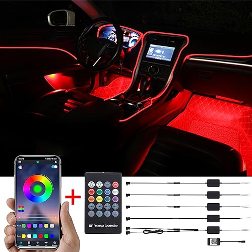 TABEN Auto-Umgebungslicht-Kit, 8 Meter Integrierte Glasfaser Mehrfarbige Atmosphärenbeleuchtung Musik Sync Sound Aktive Speicherfunktion, drahtlose Fernbedienung und Bluetooth APP-Steuerung 12V-24V