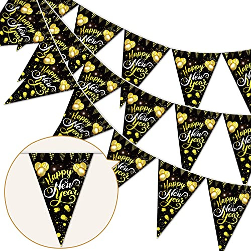 HOWAF Silvester Deko 2027 Neujahr Deko Banner Silvester Dekoration Schwarz Gold Happy New Year Girlande Silvester Wimpel Girlande Aufhängen Wimpelkette für Silvester Party Deko