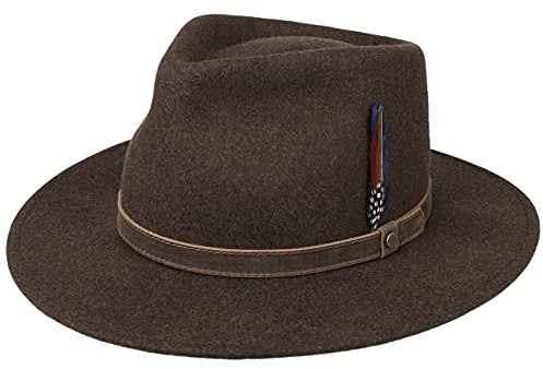Stetson Bendova Fedora Wollhut Unifarbener Hut mit Federn Klassischer Bogart-Stil Ledergarniturband Herren Herbst Winter braun M (56-57 cm)