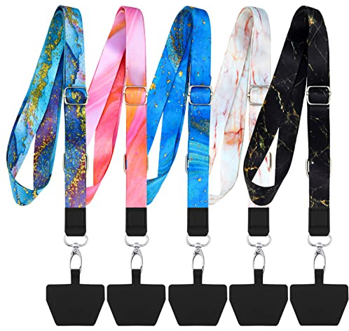 Chinco 5 Pcs Crossbody Cell Phone Lanyards Universal Adjustable Neck Strap and Phone Patches Compatible with Most Smartphones(Marble Pattern,Bright Color)