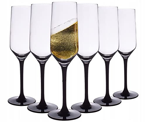 SOLAVIA Clear Glass Champagne Glass Flute and Black Stem 220ml Pack of 6 Black Luxurious Long Stem H23.5cm Tall Geometric Bowl