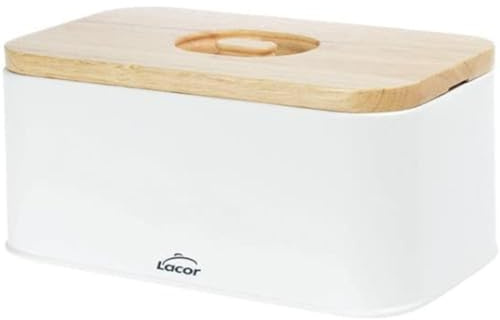LACOR - 62868 - Panera estilo Nórdico de Acero de Carbono,Tapa de Madera de Caucho, Diseño Vintage 2 en 1: la tapa sirve como tabla de cortar, medidas 30x18x12.5cm, Blanco mate