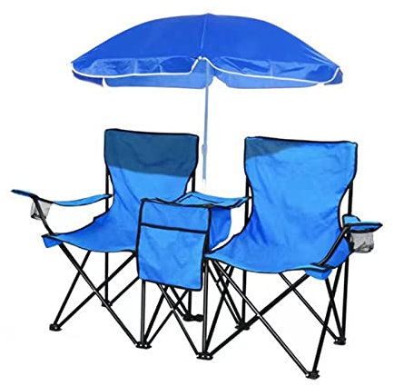 Yadlan Campingstuhl 2 Personen, Angelstuhl Karpfenstuhl Strandstuhl mit Sonnendach, 2-Sitzer Faltbar Campingsessel Hochlehner mit KüHlfach und GeträNkehalter, Deluxe Klappstuhl Camping