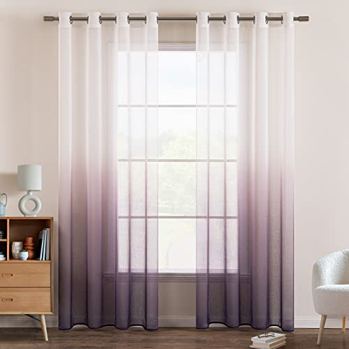 EMEMA Gardinen mit Ösen 2er Transparent Lila Voile Vorhänge H145xB140cm | Vorhang mit Ösen Farbverlauf Dekoschal Fensterschal für Schlafzimmer und Wohnzimmer Transparent Vorhänge Voile Sheer Gardine