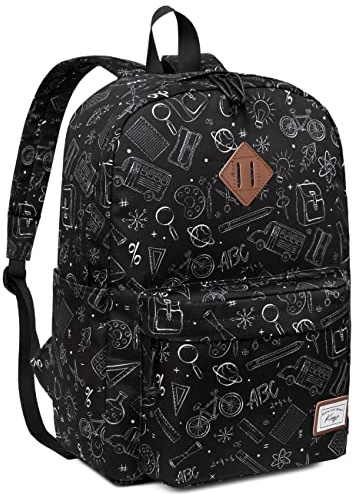 Kasgo Schulrucksack Teenager, Leicht Großer 17,3L Rucksack Damen Jungen Mädchen Kinder ab 12 Jahren Wasserabweisend 15,6 Zoll Tagesrucksack für Hochschule Reise Lässiger Arbeit Schwarze Kritzeleien