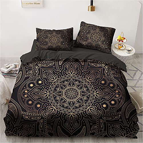Luowei Boho Bettwäsche Set 135x200cm Schwarz Gold Indisch Böhmisches Mandala Exotisch Bettbezug und 1 Kissenbezug 80x80 cm mit Reißverschluss