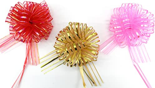 CaPiSo 3 Stück Große Ziehschleife 16cm Geschenkschleife Dekoschleife Geschenk Schleife Geschenkband für Geschenke Tüten Zuckertüte zum Basteln Dekorieren Verzieren (Rot-Gold-Rosa)