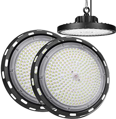 RIGIDON 2 Pezzi 200W UFO lampadario plafoniere, 20000LM 6000K faretto led interni, IP65 impermeabile proiettore led, lampada magazzino, bianco freddo illuminazione per industriale, officine, garage