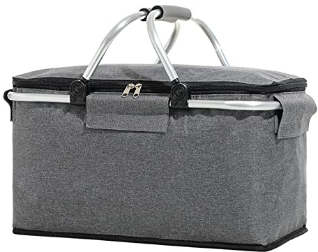 Large Size Insulated Picnic Basket, Foldable Cooler Bag, Waterproof Lining Cool Hamper Shopping Basket Bag Box for Camping, Hiking, Picnicking, Lake Trips, Family Vacations,-Keeps Food Cold (Gray)