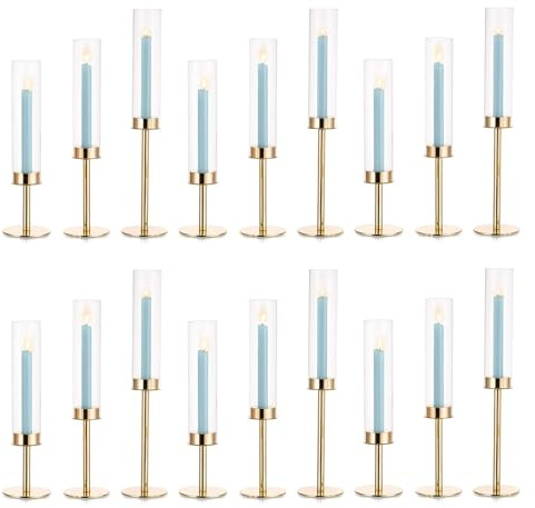 Inweder Kerzenständer Stabkerzen Kerzenhalter Gold - Satz von 18 Kerzenhalter Stabkerze mit Abnehmbarem Glas Windlicht Goldene Kerzenständer Kerzen Ständer Hochzeits Tischdeko Wohnzimmer Home Deko