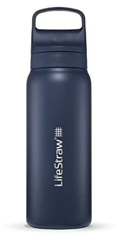 LifeStraw Go Series — Insulated Stainless Steel Water Filter Bottle for Travel and Everyday Use Removes Bacteria, Parasites and Microplastics, Improves Taste, 24oz Aegean Sea