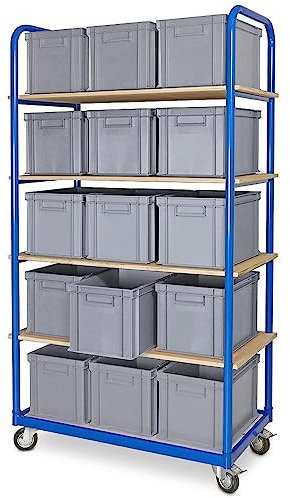 BRB Etagenwagen mit 5 Ebenen, BxTxH 1050x500x1880 mm, bestückt mit 15 Euroboxen BxTxH 400x300x280 mm, 4 Lenkrollen (grau)