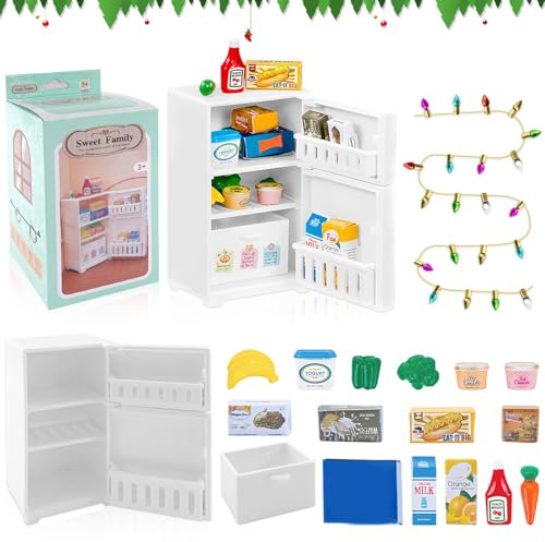 TOPJOWGA Miniatur Kühlschrank Puppenhaus Küche, 17 Stück Miniatur Puppenhaus Set, Puppenhaus Zubehör, Miniatur Küche Puppenhaus Möbel Set, Miniatur Backen Zubehör, Mini-Ornament Puppenhaus Dekor