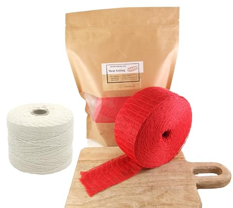 Malla Charcutera Roja 150mm / 50m + Cordel de Algodón 400m – Kit para Ahumar Jamones, Roulades y Lomos en Casa, Red de Carne