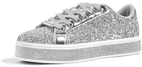 LUCKY STEP Damen-Plateau-Glitzer-Sneaker | Funkelnde Bling Shiny Dressy Bedazzled Hochzeits-Walking Schuhe (Silber, 8.5US-39EU-6UK)