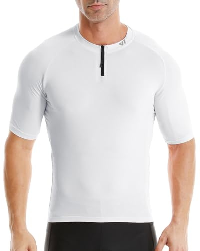 Wulibike Herren-Fahrradtrikot Kurzarm, Rennradtrikot mit halbem Reißverschluss und Taschen, Fahrradbekleidung atmungsaktiv und schnell trocknendWeiß L